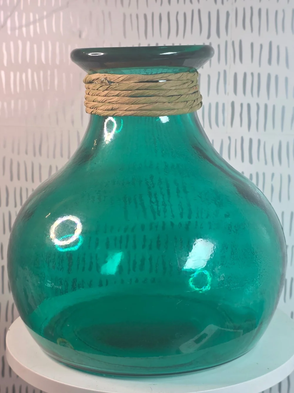 Teal Recycled Glass Vase Jute Rope Neck Coastal Farmhouse 8.5